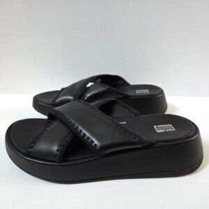 FitFlop Sandals Womens 6 Black Leather F-Mode Crochet Trim Platform Slides